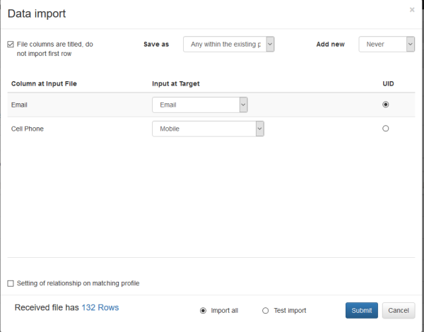 Import Mapping Options.